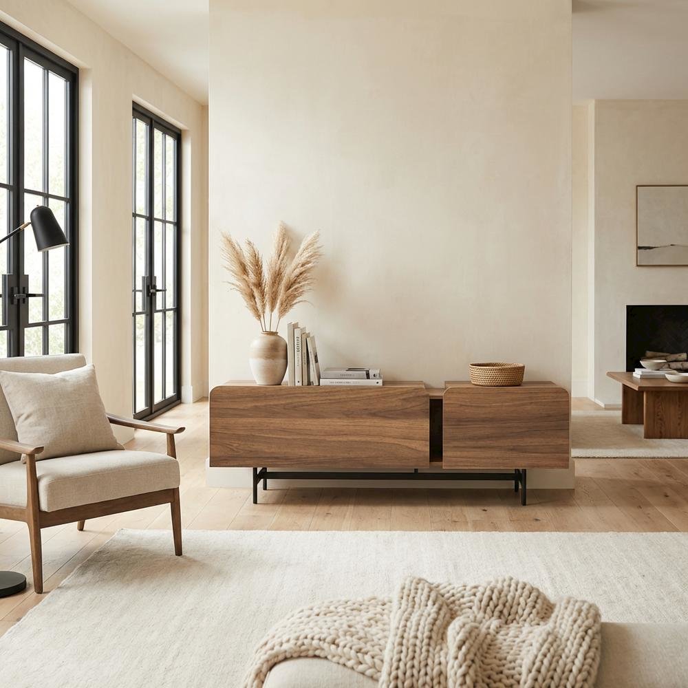 Walnut Modern TV Stand for 75-Inch Screen with Engineered Wood Finish