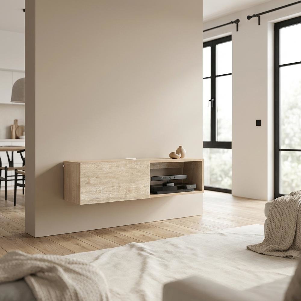 Oak Floating TV Stand with 1 Shelf and 1 Door, Engineered Wood Finish