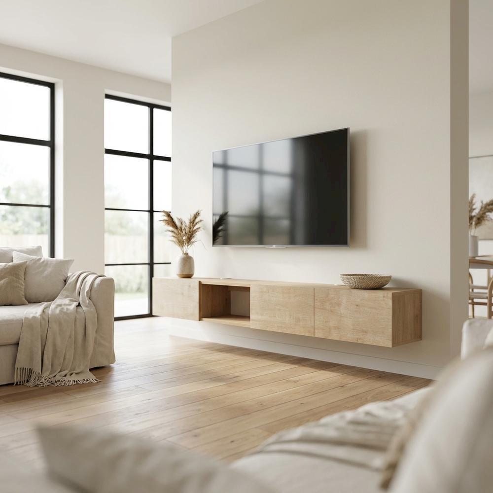 Oak Floating TV Stand for Wall Mounting, Modern Design, 75 Inch Compatible