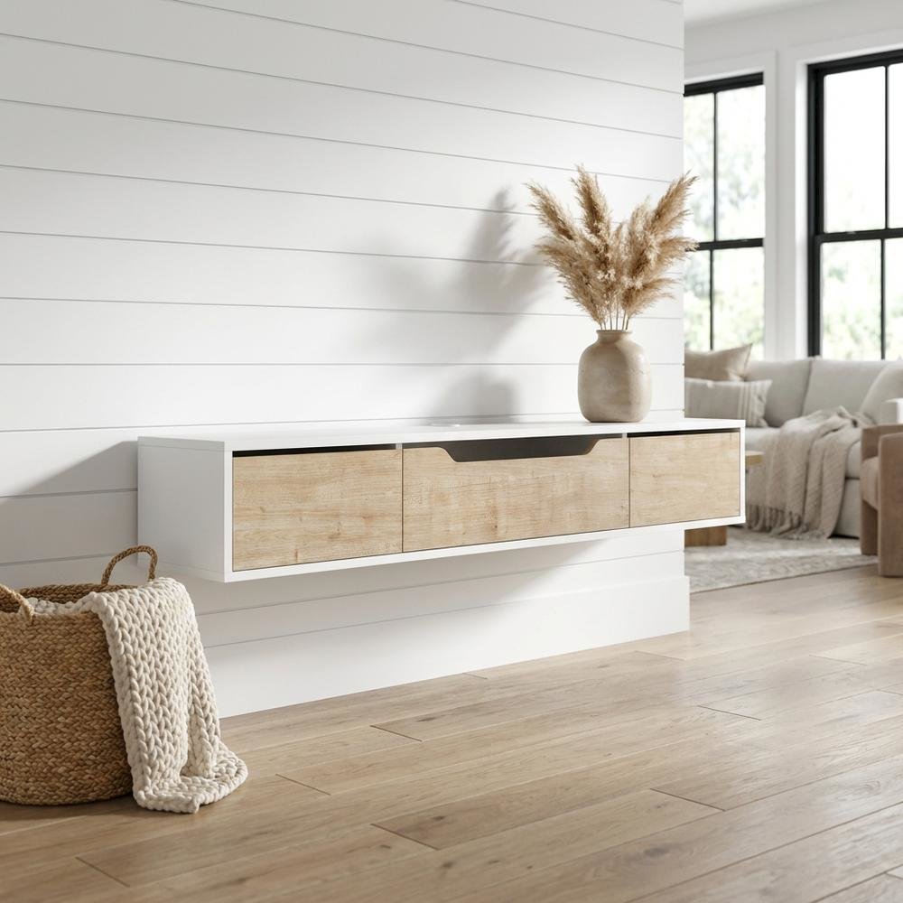 White Floating TV Stand for Up to 80 Inch TVs – Wall Mounted Media Console