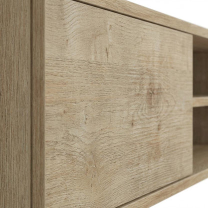 Brown floating TV stand with wall-mounted design and spacious storage