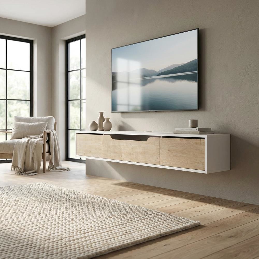 White Floating TV Stand for Up to 80 Inch TVs – Wall Mounted Media Console