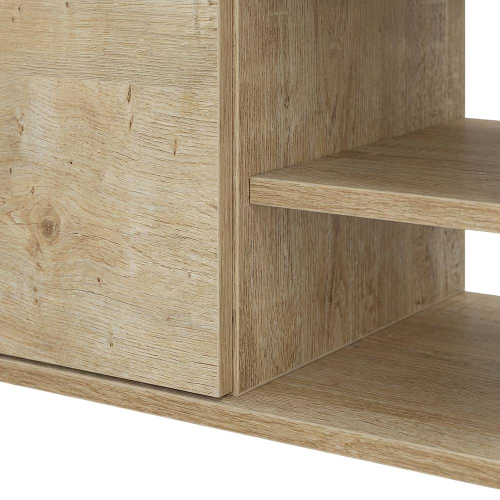 Brown floating TV stand with wall-mounted design and spacious storage