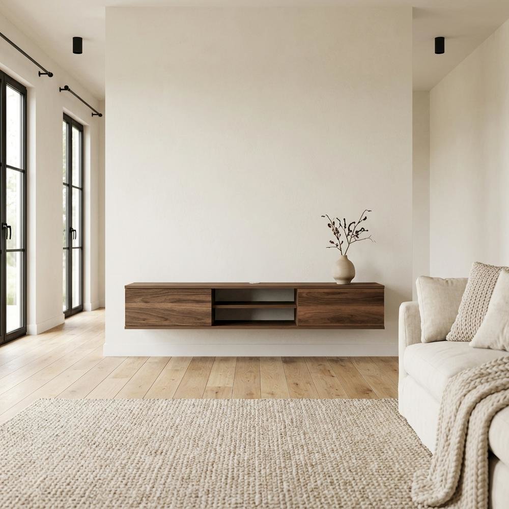Brown Floating TV Stand with Wall Mount and Modern Storage Design