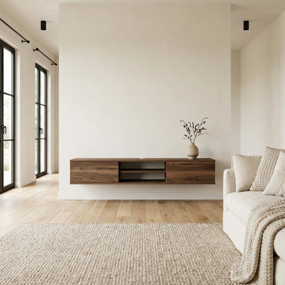 Brown Floating TV Stand with Wall Mount and Modern Storage Design