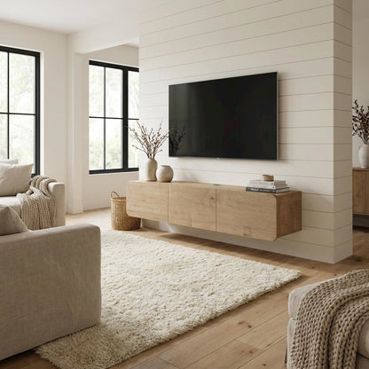 Modern Brown Floating TV Stand Wall Mounted for 80 Inch TVs with Wooden Veneers