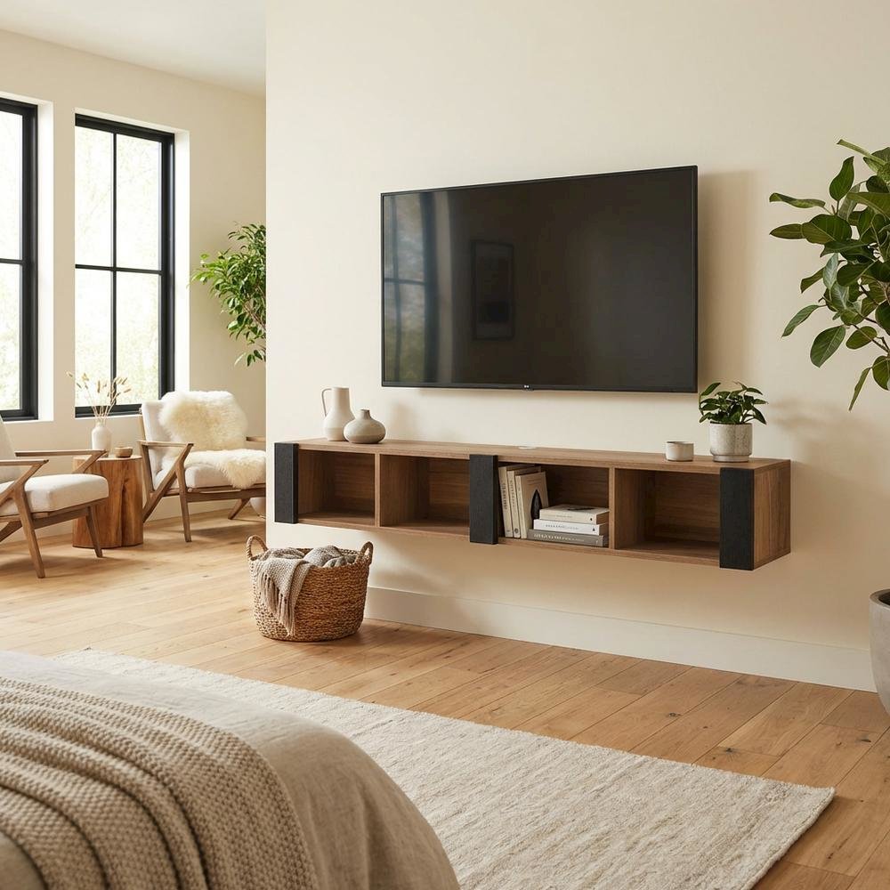 Brown Wall-Mounted TV Stand for 75 Inch TVs with Engineered Wood Design