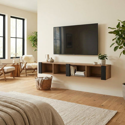 Brown Wall-Mounted TV Stand for 75 Inch TVs with Engineered Wood Design