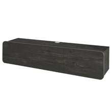 Black floating TV stand, 80 inch flat screens, modern design, durable wood