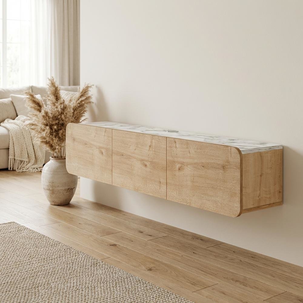 Wall Mounted Oval TV Stand in Walnut with Wooden Finish and Modern Design