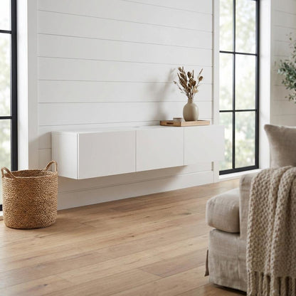 White Floating TV Stand for 75 Inch Screens with Solid Wood and Veneer Finish