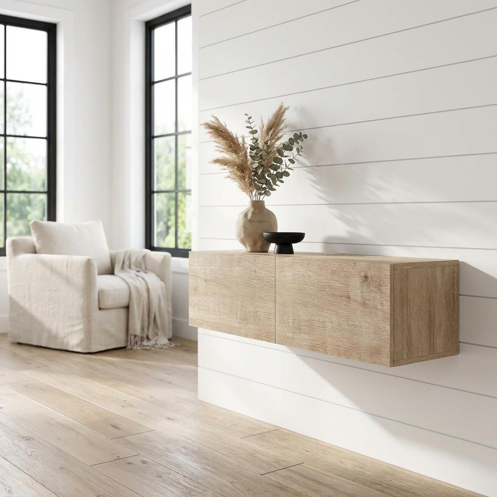 Oak floating TV stand, 2 doors, engineered wood, 36-inch width, modern design