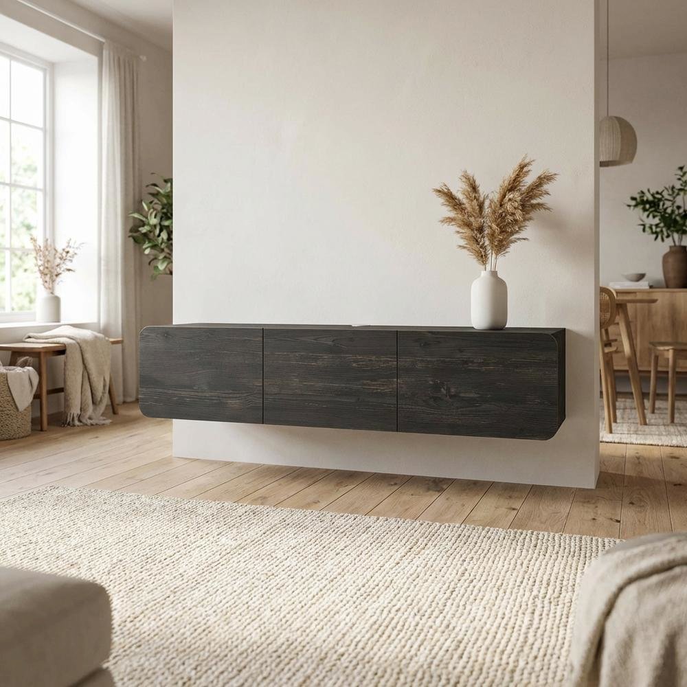 Black floating TV stand, 80 inch flat screens, modern design, durable wood