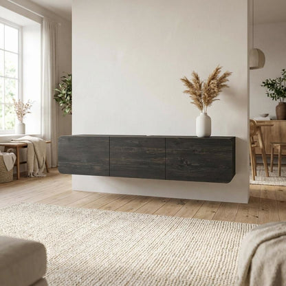 Black floating TV stand, 80 inch flat screens, modern design, durable wood