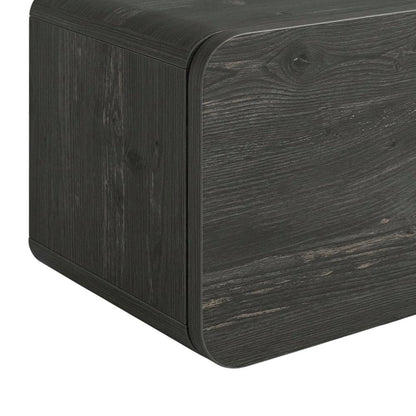 Black floating TV stand, 80 inch flat screens, modern design, durable wood
