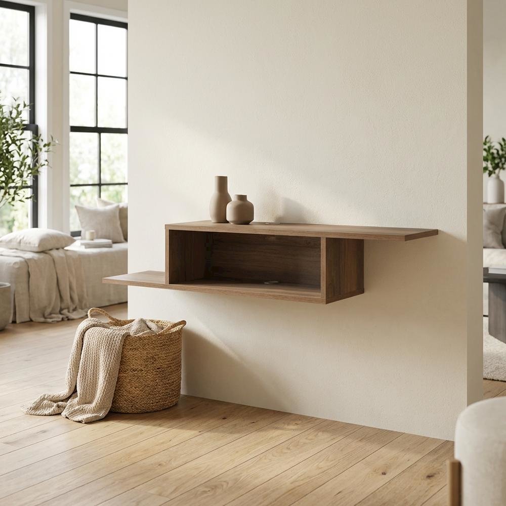 Brown Wall-Mounted TV Stand, Up to 65 Inch Screens, Engineered Wood Design