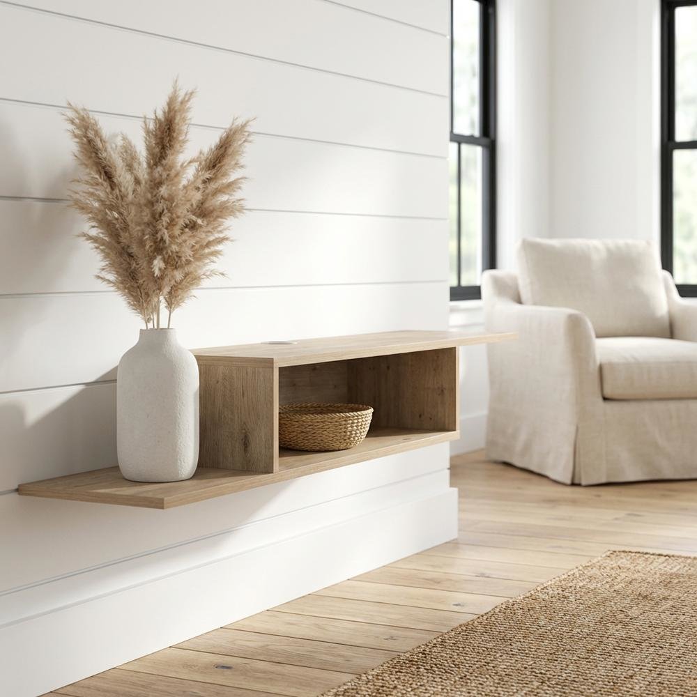 Beige Wall Mount TV Stand for 65 Inch Screens with Engineered Wood Shelf