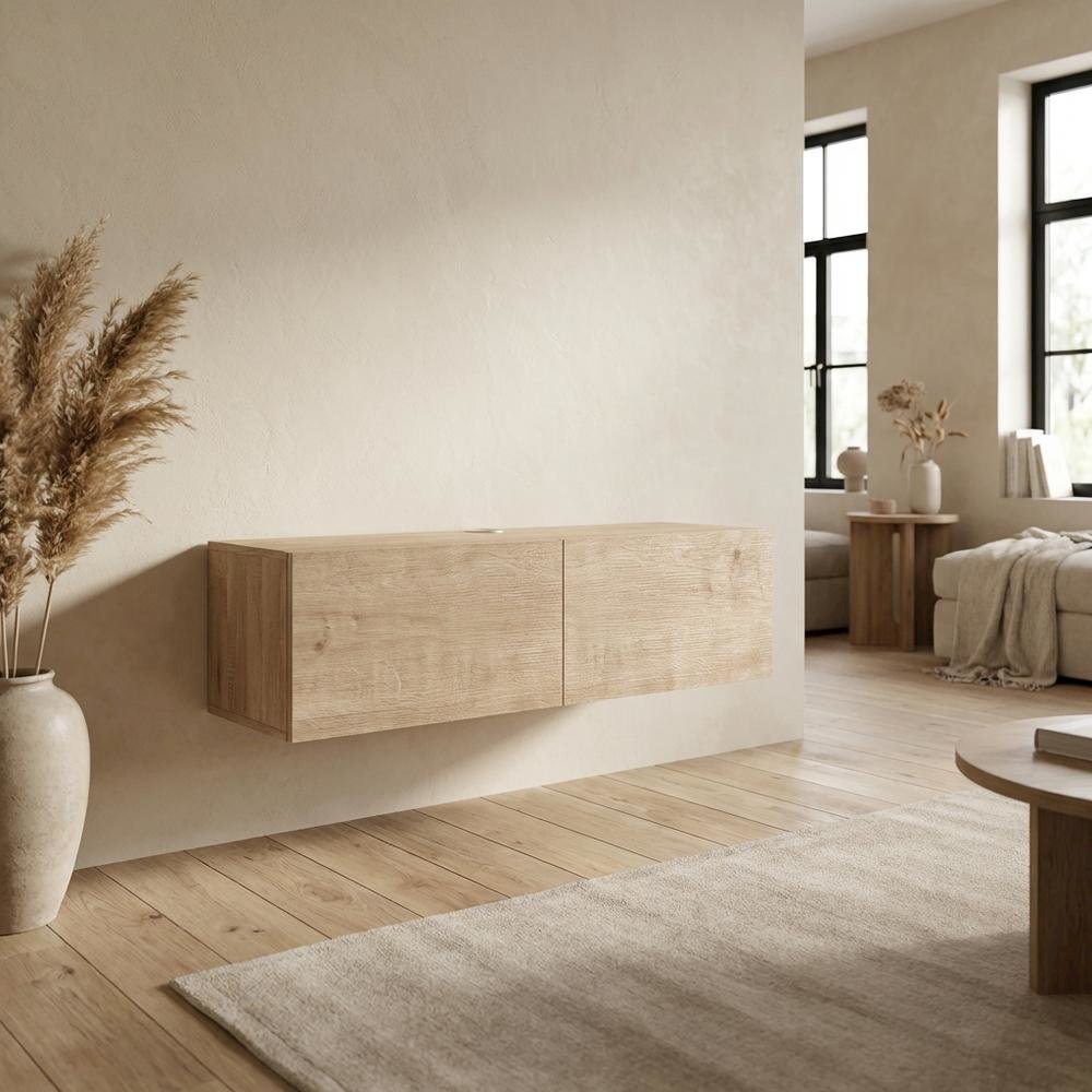 Oak floating TV stand, 2 doors, engineered wood, 36-inch width, modern design