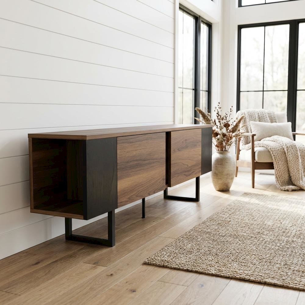 Walnut Finish TV Stand for 75 Inch Living Room Entertainment Center