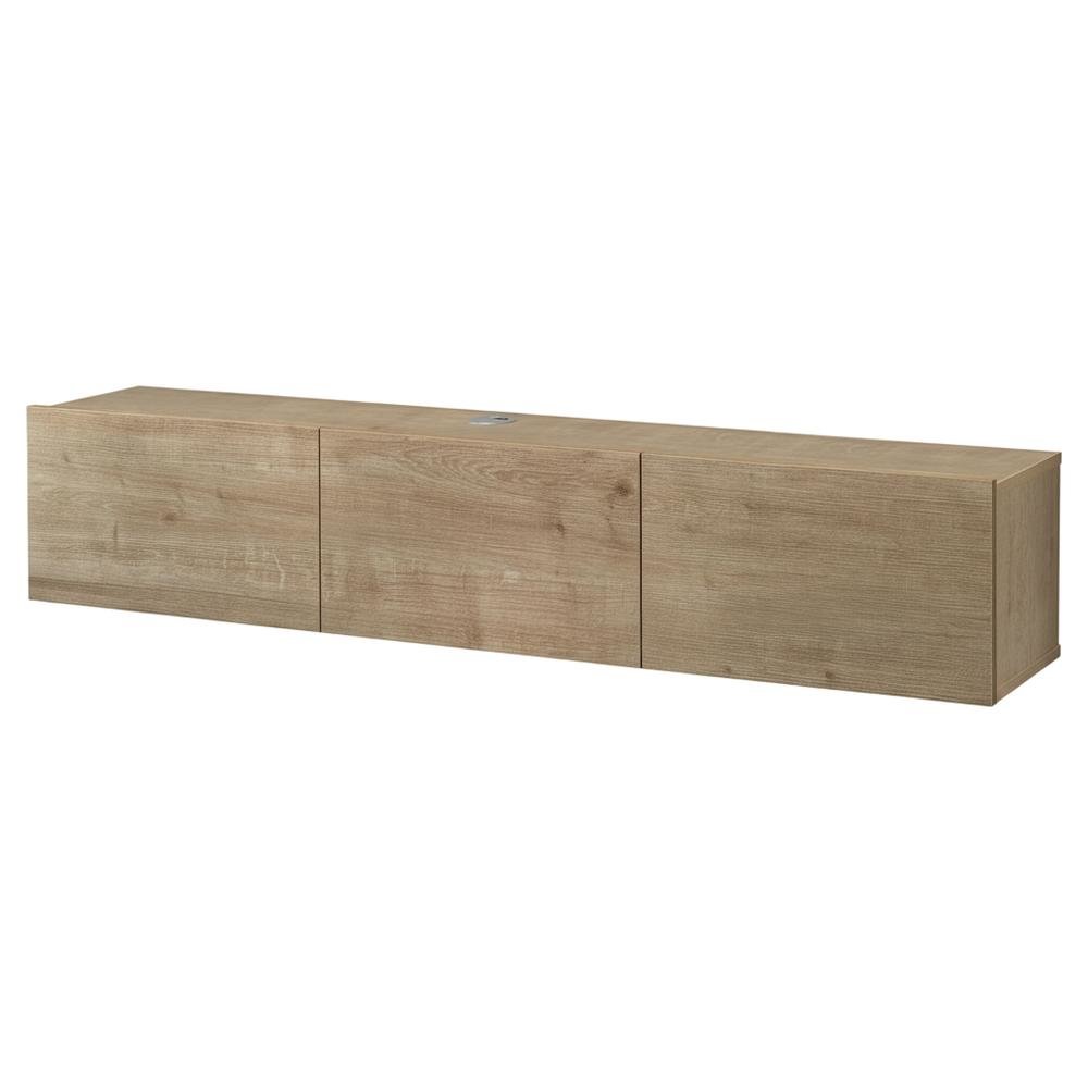 Brown floating TV stand, screens up to 75 inches, sturdy rubberwood
