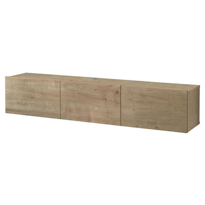 Brown floating TV stand, screens up to 75 inches, sturdy rubberwood