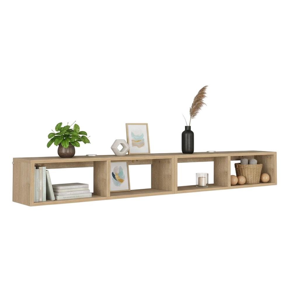 Oak floating TV shelf, modern wall-mounted design, sleek entertainment setup