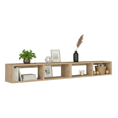 Oak floating TV shelf, modern wall-mounted design, sleek entertainment setup