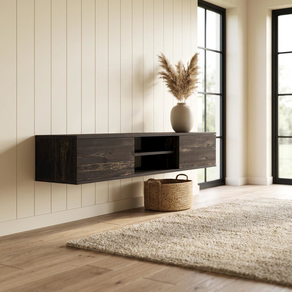 Black Oak Wall-Mounted TV Stand with Engineered Wood Finish