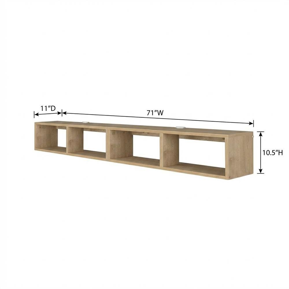 Oak floating TV shelf, modern wall-mounted design, sleek entertainment setup