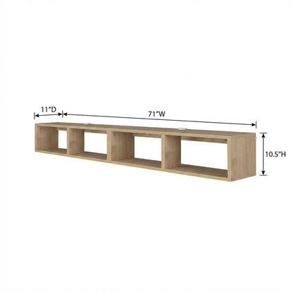 Oak floating TV shelf, modern wall-mounted design, sleek entertainment setup