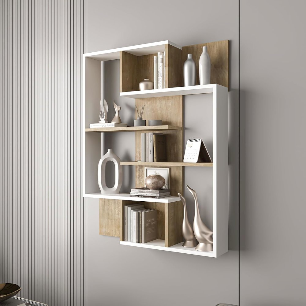 5-Tier Geometric Book Shelf, White and Oak, Kids Bookshelf and Bookcase