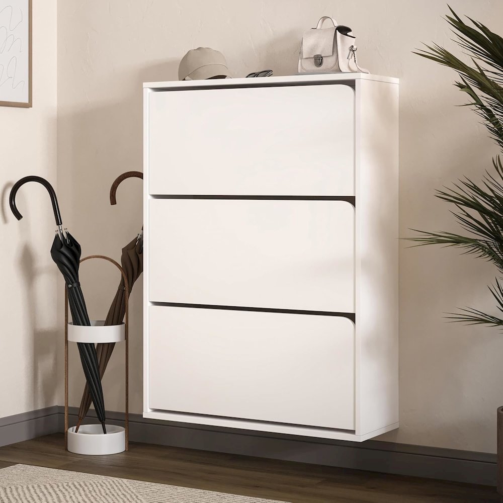 Floating Shoe Cabinet - Space Saver Shoe Rack for Entryway with 3 Flip Drawers