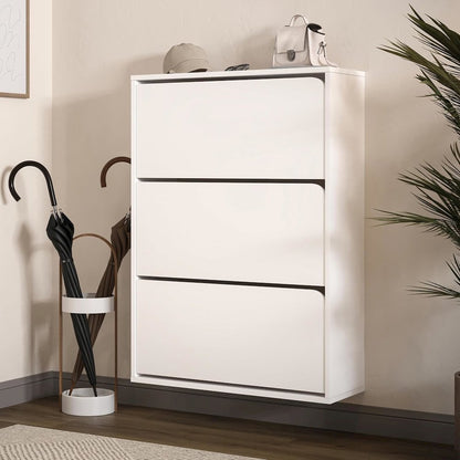 Floating Shoe Cabinet - Space Saver Shoe Rack for Entryway with 3 Flip Drawers