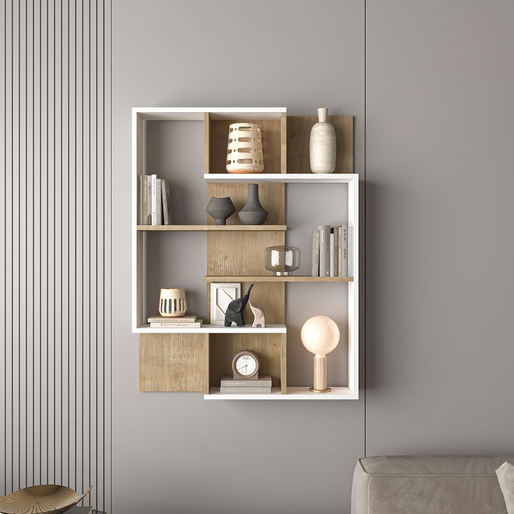 5-Tier Geometric Book Shelf, White and Oak, Kids Bookshelf and Bookcase