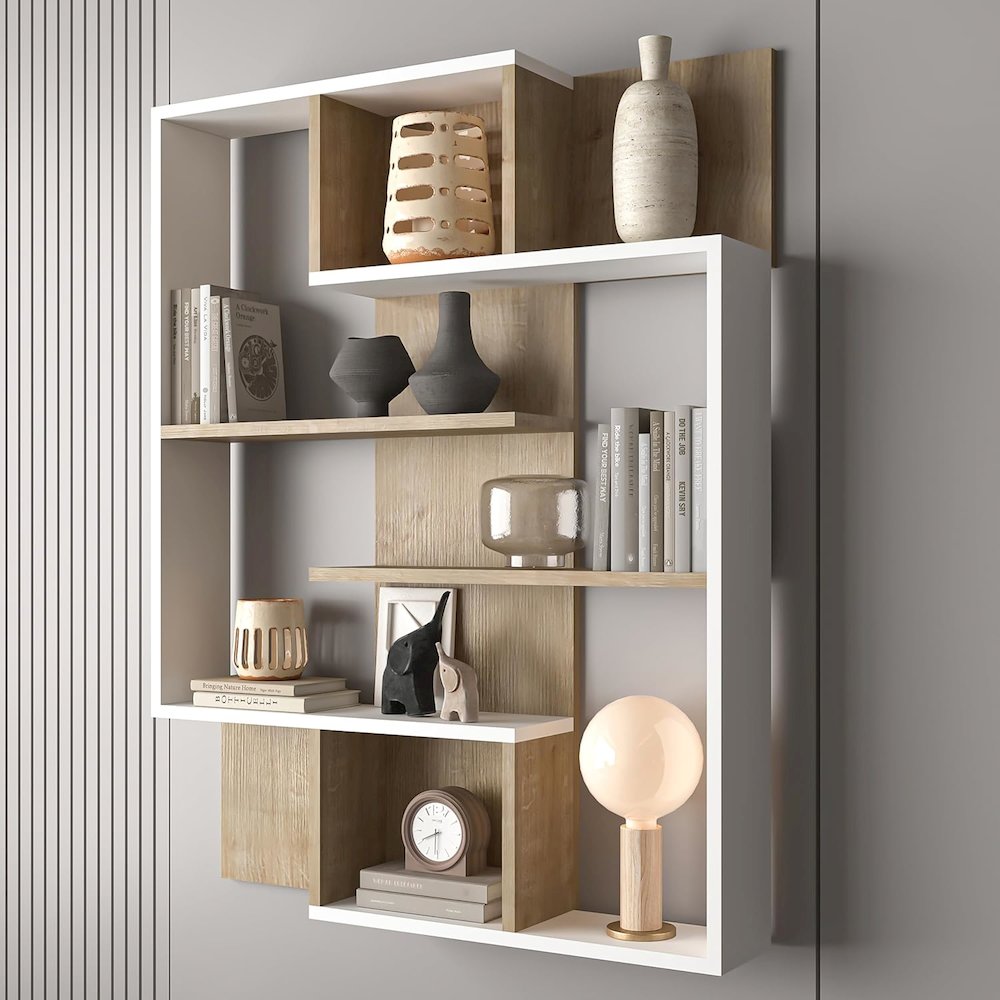5-Tier Geometric Book Shelf, White and Oak, Kids Bookshelf and Bookcase