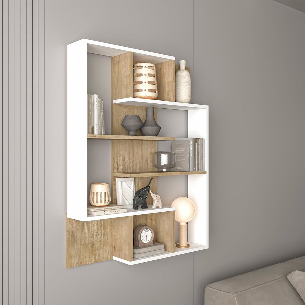 5-Tier Geometric Book Shelf, White and Oak, Kids Bookshelf and Bookcase