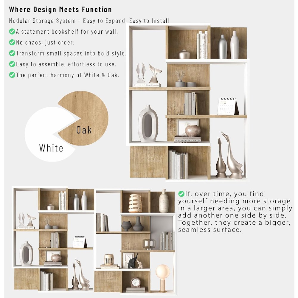 5-Tier Geometric Book Shelf, White and Oak, Kids Bookshelf and Bookcase