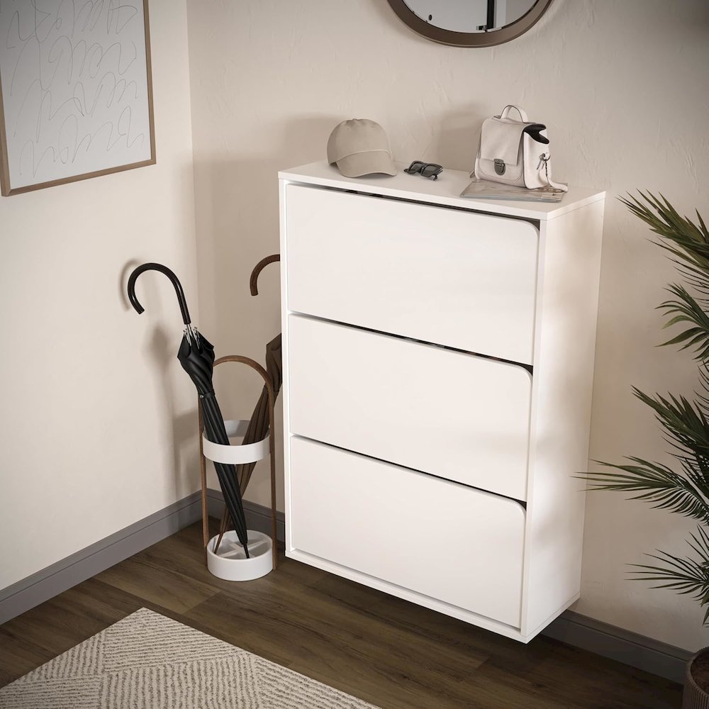 Floating Shoe Cabinet - Space Saver Shoe Rack for Entryway with 3 Flip Drawers