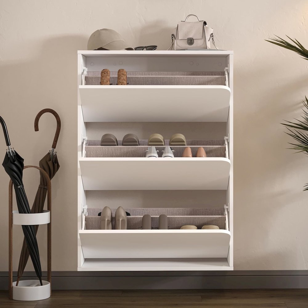 Floating Shoe Cabinet - Space Saver Shoe Rack for Entryway with 3 Flip Drawers