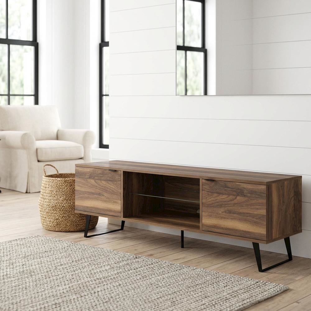 Walnut Wood TV Stand with Glass Door Shelf and Mid-Century Modern Design