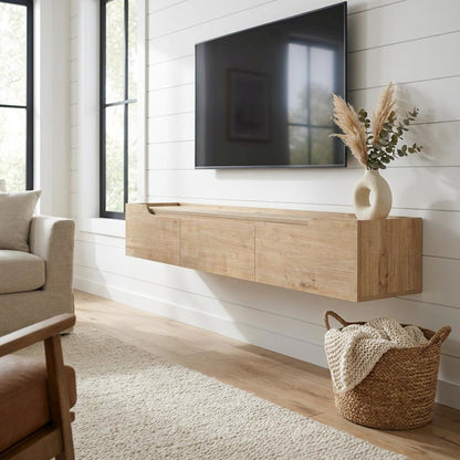 Beige Wall-Mounted TV Stand for Up to 80 Inch Televisions with Engineered Wood