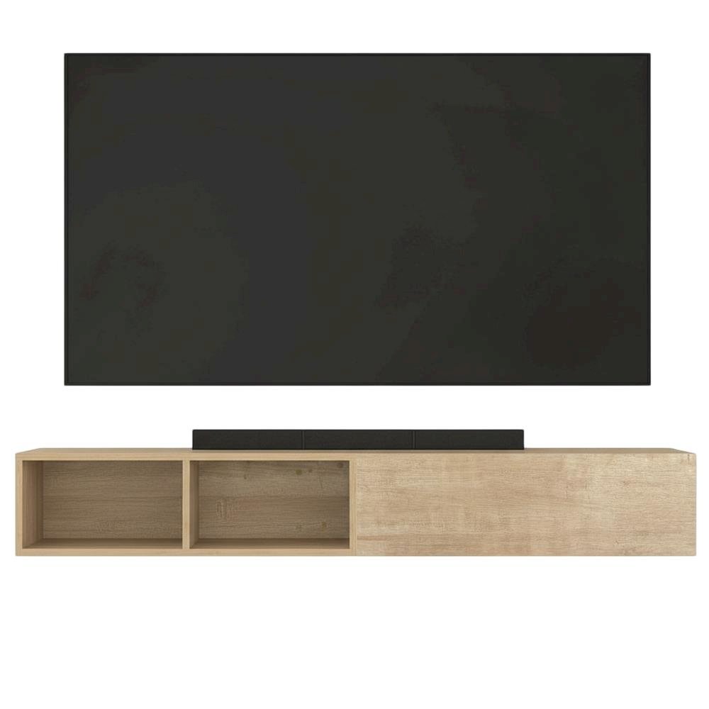 Floating TV Stand with Oak Finish and Open Shelves for Modern Living