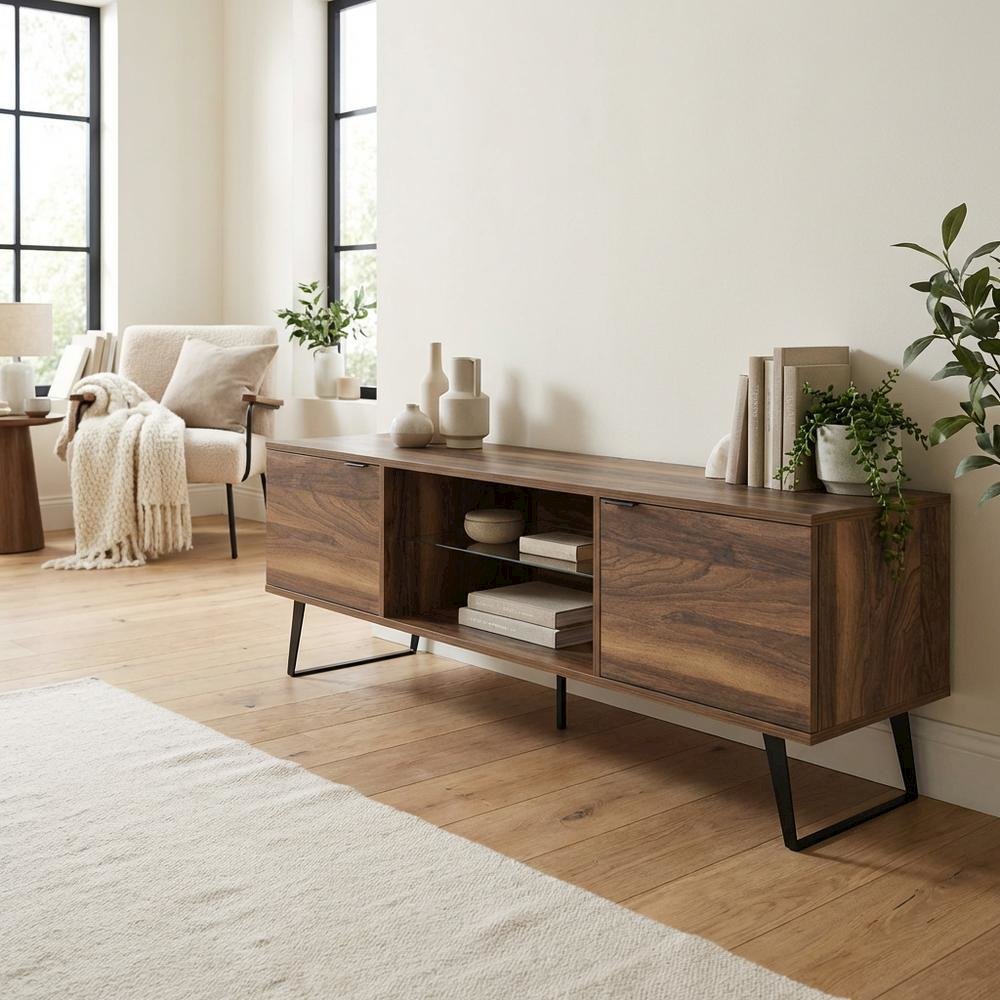 Walnut Wood TV Stand with Glass Door Shelf and Mid-Century Modern Design