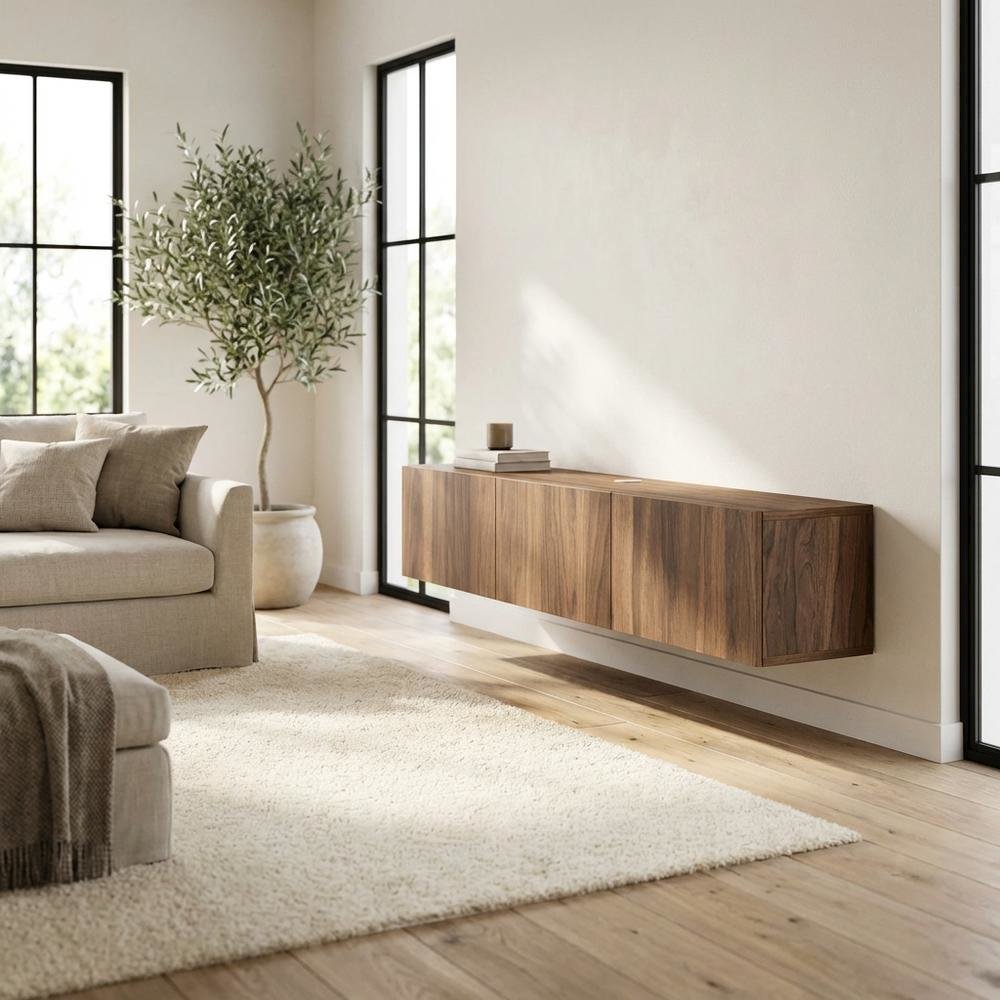 Brown floating TV stand with wall-mount design and modern appeal
