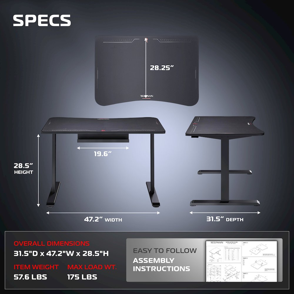 Gaming Desk with Cable Management - 48 Inch Full Computer Desk Mouse Pad- Black