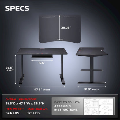 Gaming Desk with Cable Management - 48 Inch Full Computer Desk Mouse Pad- Black