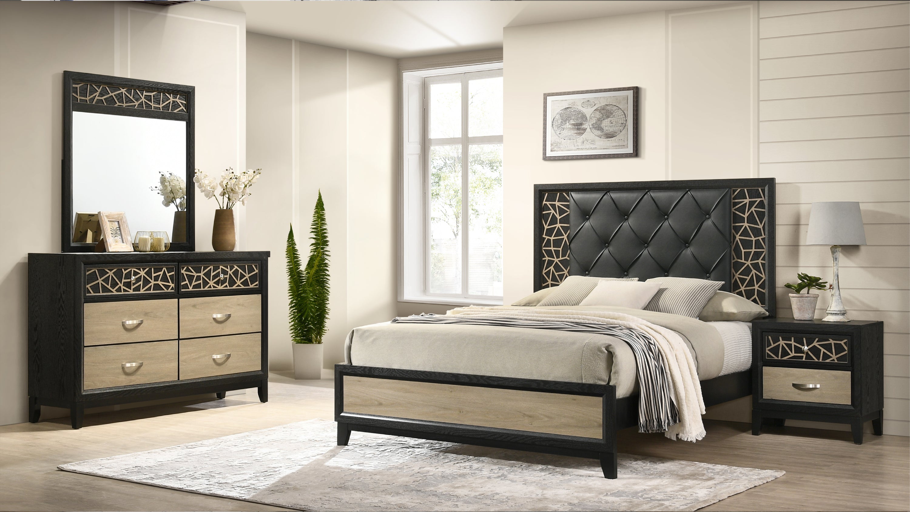 Selena Modern & Contemporary King 4PC Bedroom set Made with Wood in Black and Natural