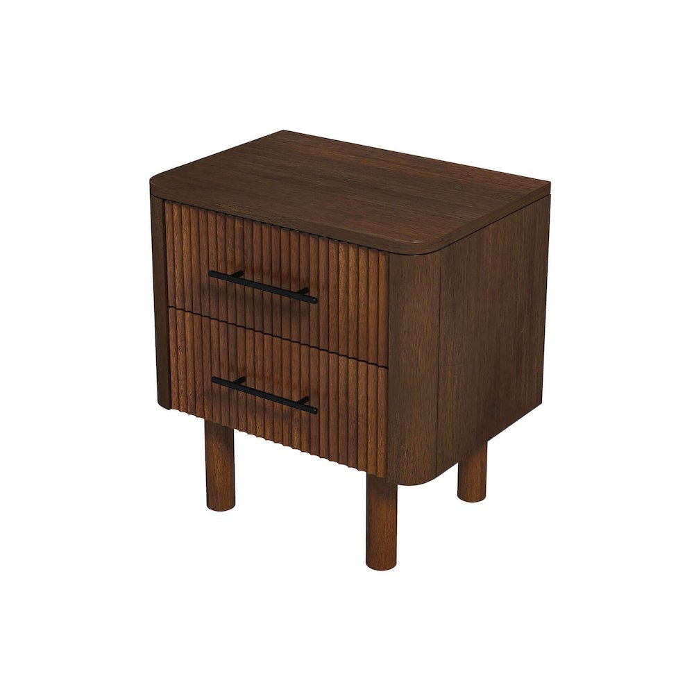 Brown Solid Wood Nightstand with 2 Drawers, Mid Century Modern Design
