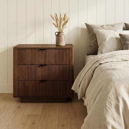 Walnut Nightstand with 3 Drawers and Modern Storage Design