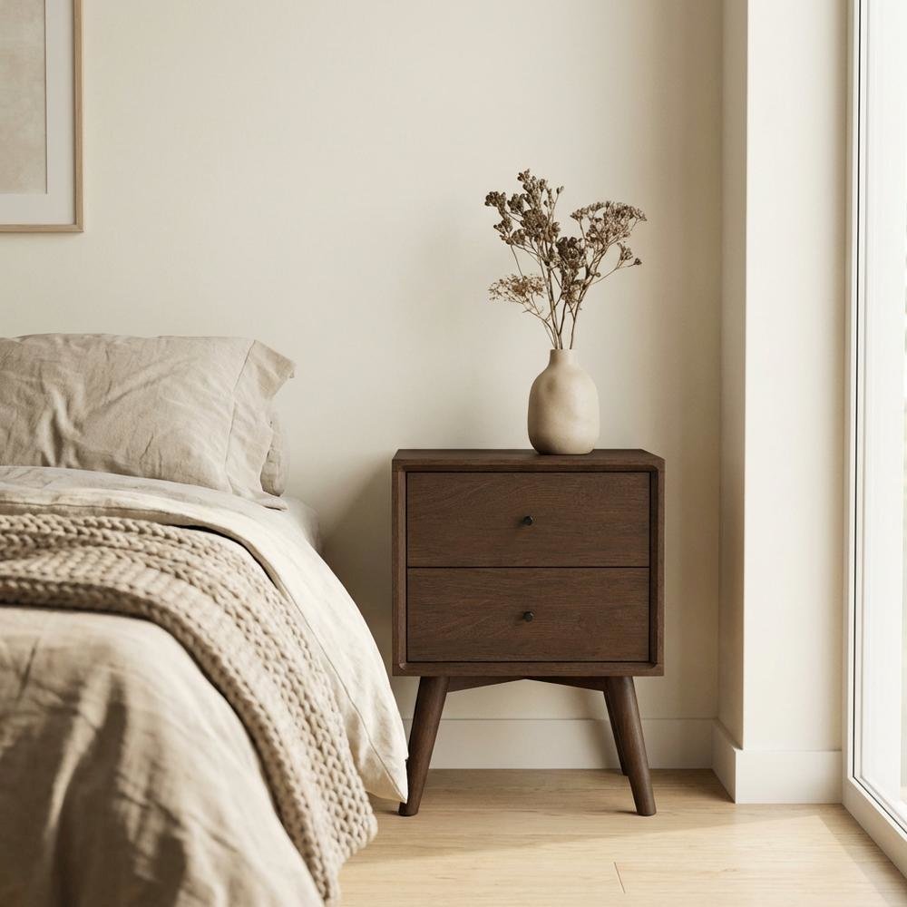 Brown Mid Century Modern Nightstand with Compact Storage and Sleek Design
